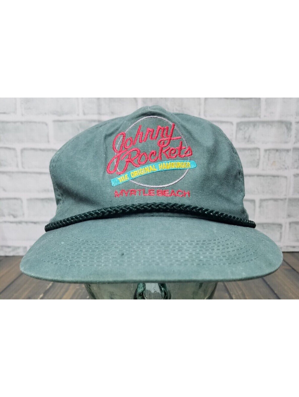 VINTAGE Johnny Rockets The Original Hamburger Hat Cap LIGHT GREEN Rope